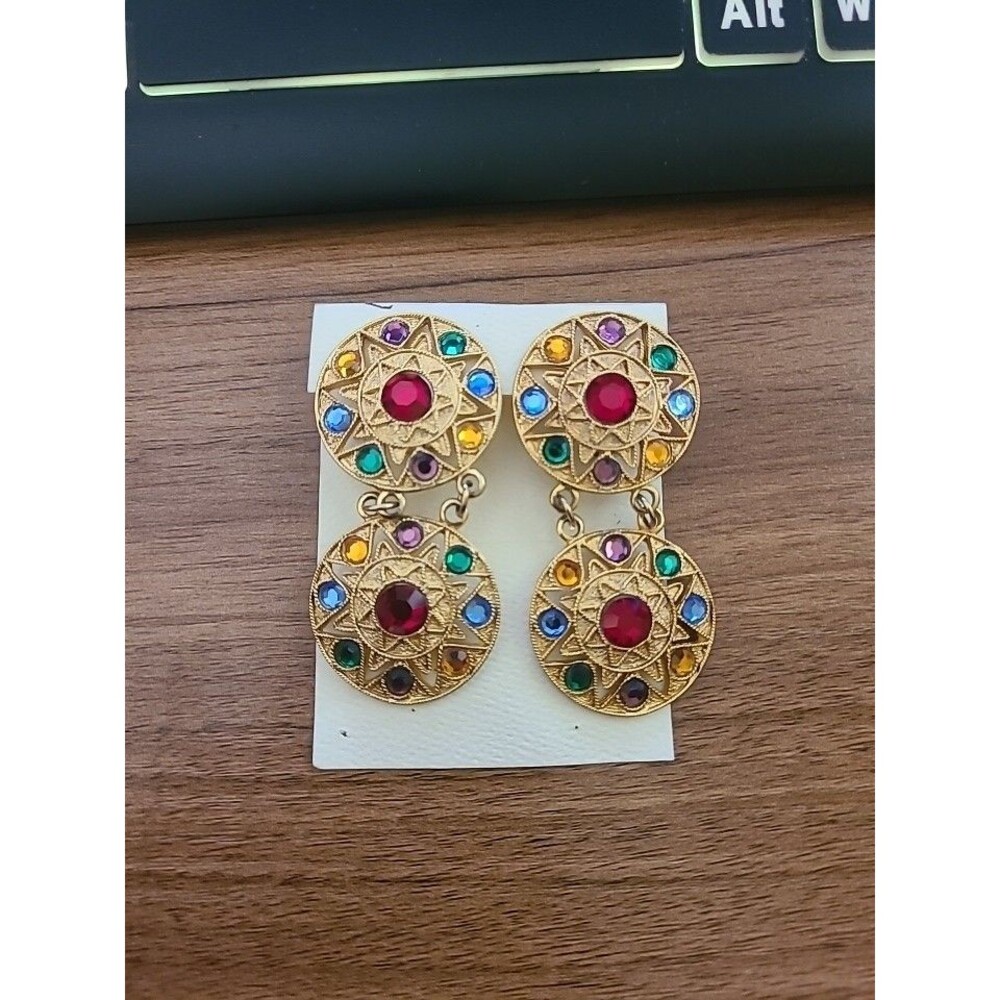 80s Statement Clip Earrings Goldtone Discs Star Pattern Multi Color Rhinestones